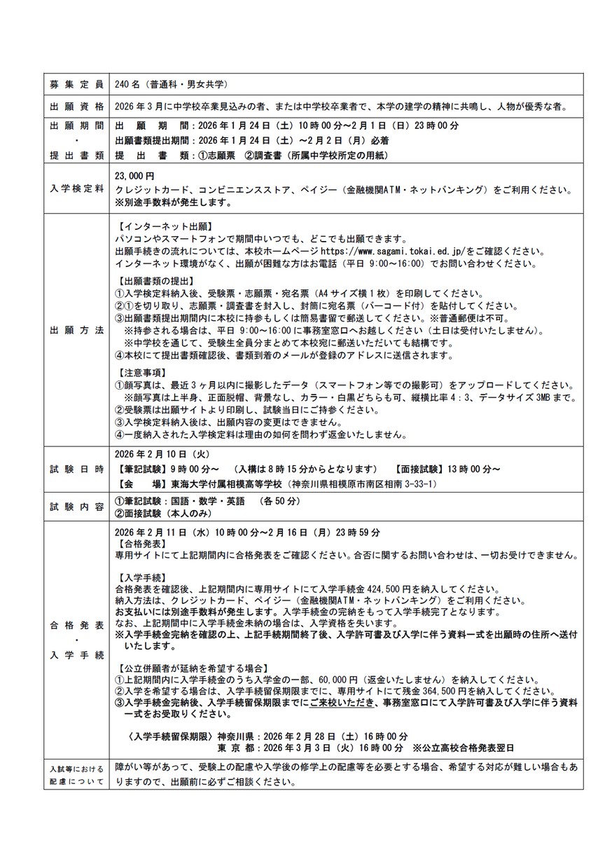 東海大学付属相模高等学校【一般入試 募集要項】